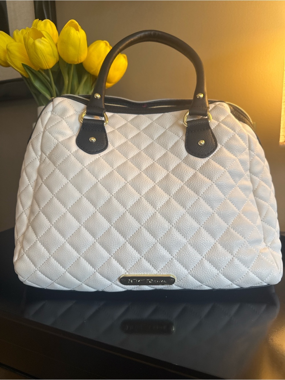 Betsey Johnson Quilted Satchel Bag White Black Bow Leopard Print Gold Hardware